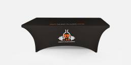 LAB black stretch tablecloth with logo and tagline